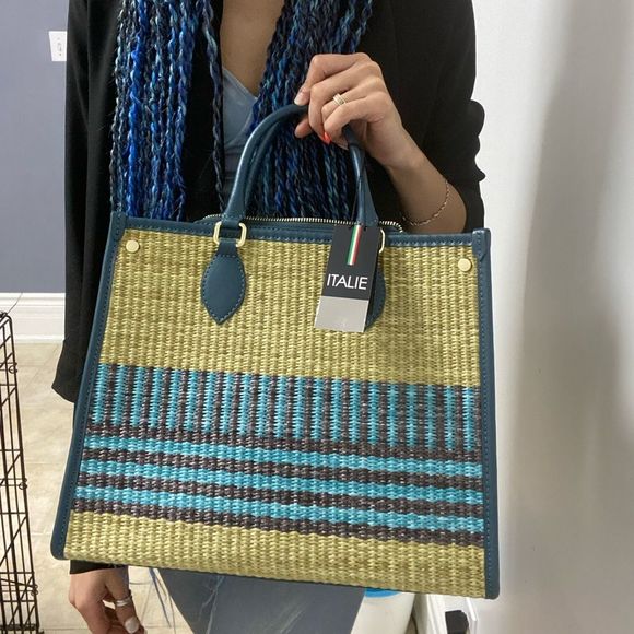 Beautiful Chiara Ferretti Top handle Tote Bag/ Purse made in Italy (azul/wicker) - Picture 2 of 5